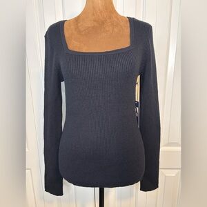 Rachel Roy Black Ribbed Square Neck Long Sleeve Sweater Size Large NWT